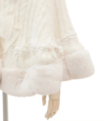 Godivana Lolita Style Faux Rabbit Fur Cape Coat with Bow & Rhinestones - White