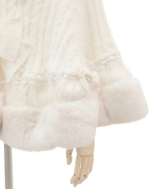 Godivana Lolita Faux Rabbit Fur Cape Coat with Rhinestone Bow and Hood