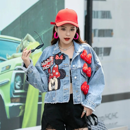Fashion Brand Jeans Coat Women's Spring Autumn New Heavy Industry Cartoon Sequins Chaqueta High Street Loose-Fitting Denim Coats - SS69