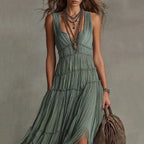 Women Boho Sleeveless V Neck Tiered Pleated Maxi Dress Ruffled Chiffon Flowy Split Hem Vintage Country Casual Western Long Dress