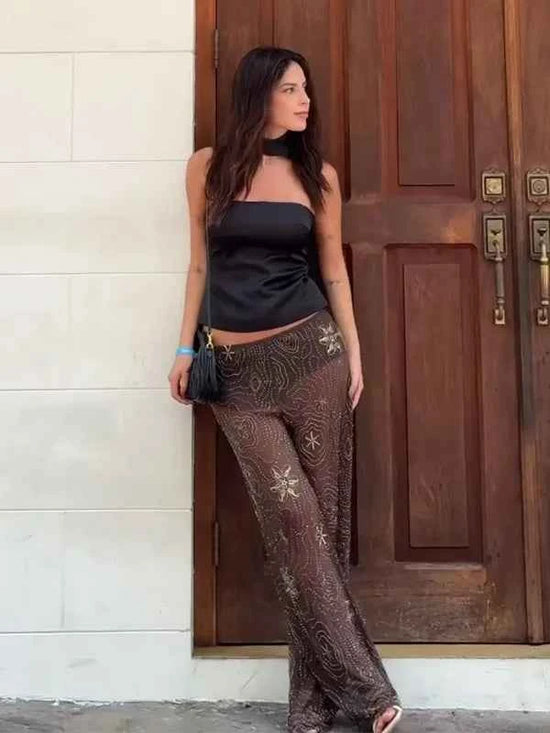 Women Fashion Translucent Sequin Pants Vintage Brown Elastic Waist Straight Trousers Spring Summer Holiday Party Pant