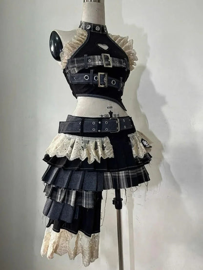 Harajuku Retro Summer New Girl Multi-layer Pleated Skirt Suit Heavy Industry Women's 2 Piuece Sets Lace Splicing Irregular Top SS69