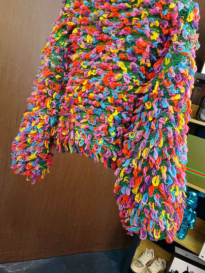 Fringe Crochet Jumper Rainbow Color Handmade Sweater Crew Neck Thick Needles Knit Pullover Knitwear Autumn/Winter Women Clothing SS69