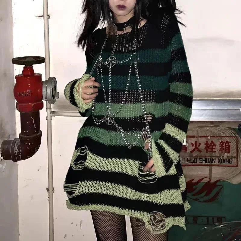 New Women's Punk Gothic Oversized Pullover Sweater Striped Hollow out Cool Harajuku Aesthetics Spring Autumn