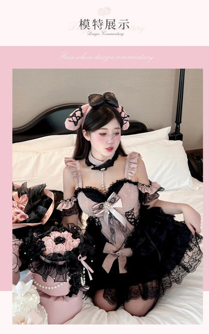 2024 New Spring Summer Ladies Exquisite Lace Skirt Suit Lolita Sweet Womens Black Pink Bow Tube Top Sling Short Cake Skirt Set SS69