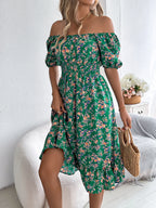 Summer Women's Beach Dress Floral 3D Print Square Neck Short-Sleeved Ladies Waist Ruffled A-Line Dress For Women Holiday Dresses
