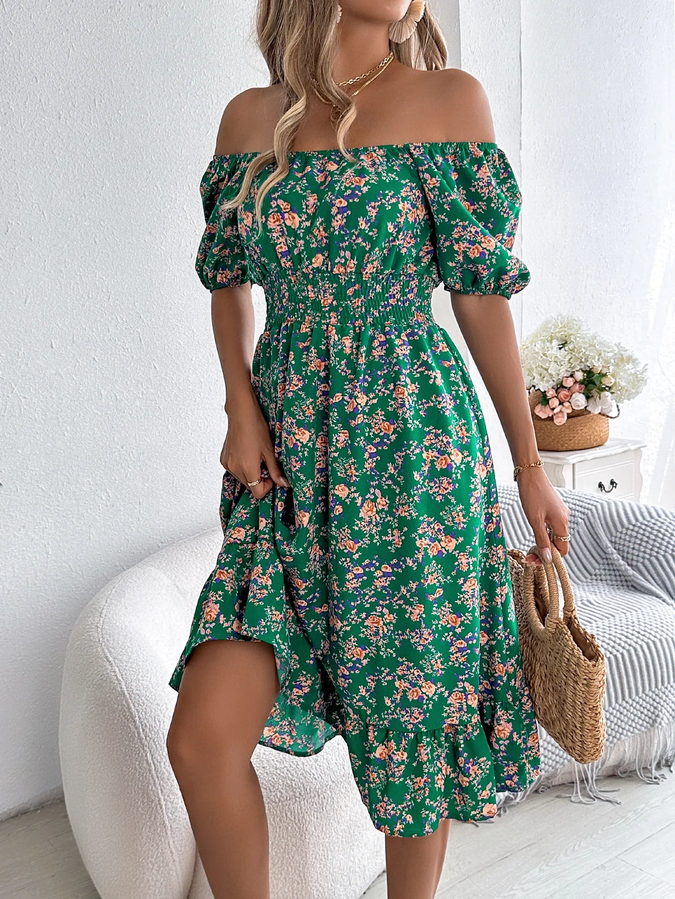 Summer Women's Beach Dress Floral 3D Print Square Neck Short-Sleeved Ladies Waist Ruffled A-Line Dress For Women Holiday Dresses