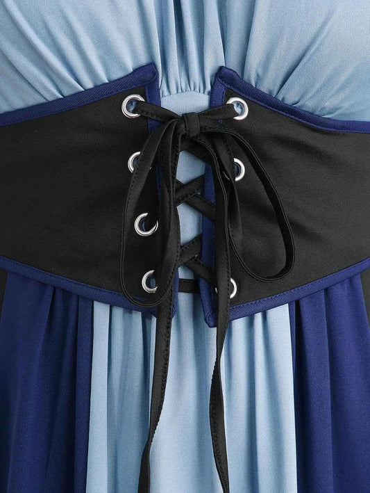 ROSEGAL Plus Size Women's Dress New Cold Shoulder Ruched Ruffles Colorblock Patchwork Lace Up Belted Vintage Corset Dresses Robe