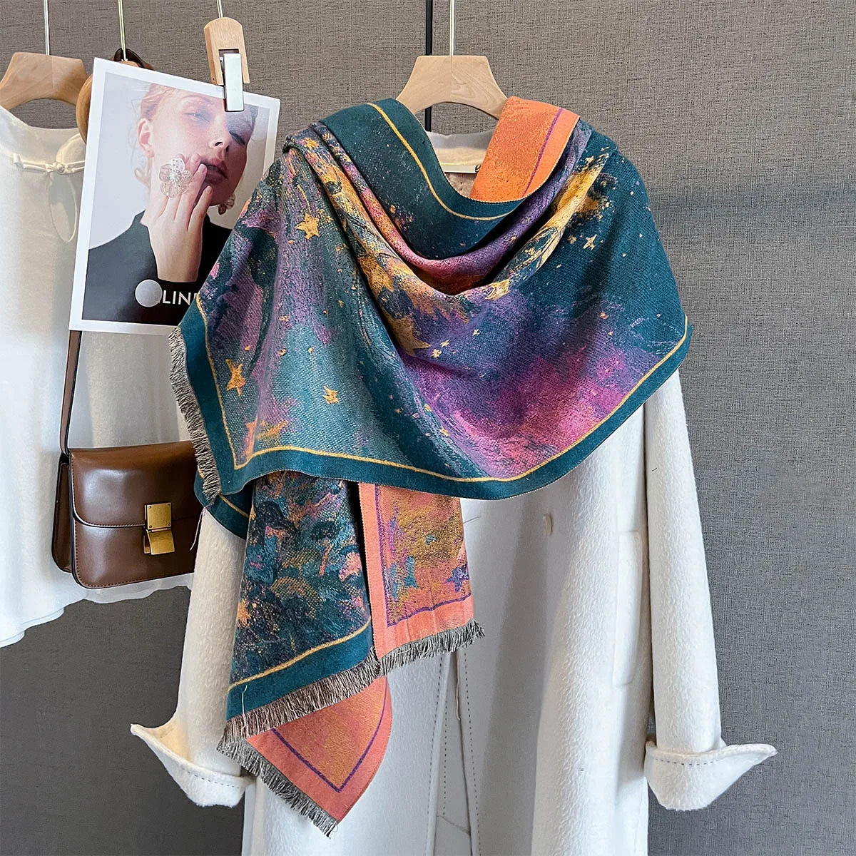 Autumn/Winter Warm Scarf 185*65cm Star Print Tassel Shawl Women's Imitation Cashmere Thickened Warps Coldproof Windproof Blanket