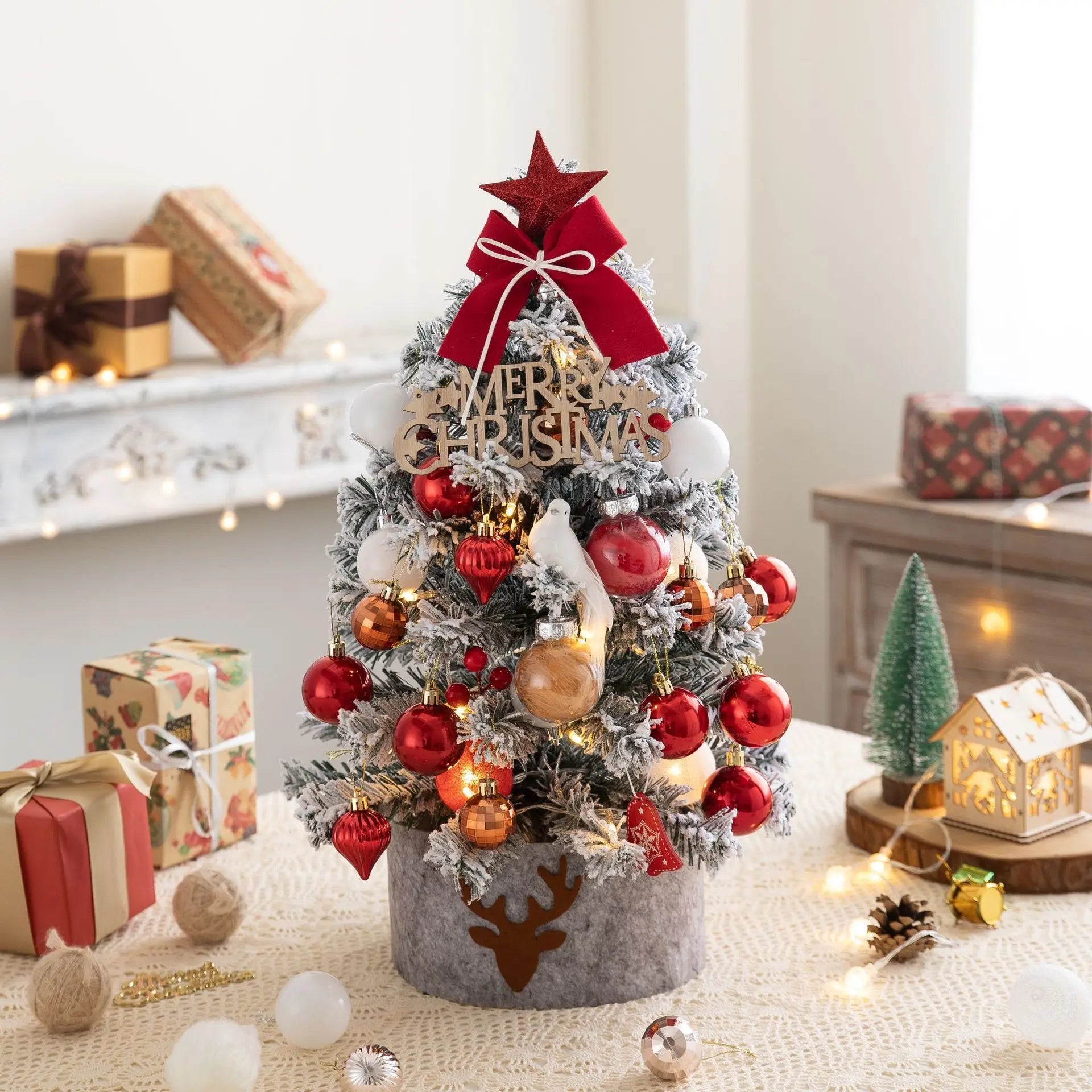 45/60cm Mini Christmas Tree With Lights DIY Desktop Golden Red Christmas Decorations 2024 New Year Home Party Windows Ornaments SS69