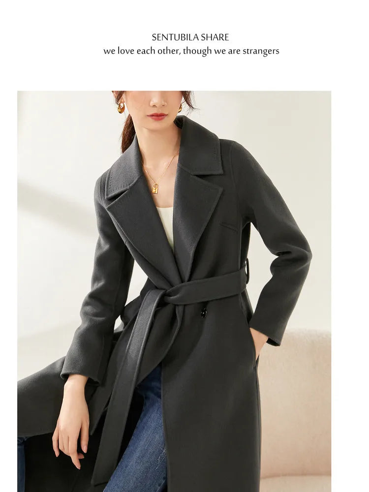 SENTUBILA Women's 100% Wool Long Wrap Coat with Belted Waist