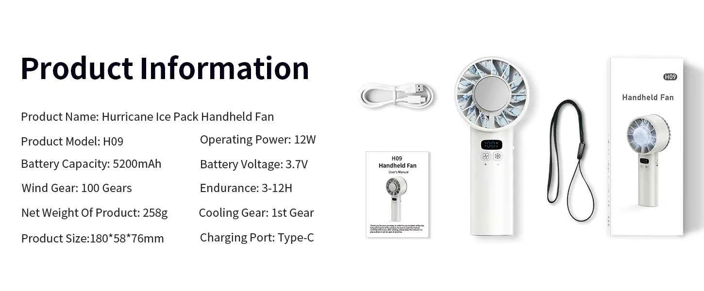 Outdoor Portable Mini Fan Handheld Fan with LED Display Semiconductor Refrigeration 100 Wind Speeds USB Rechargeable Battery Fan