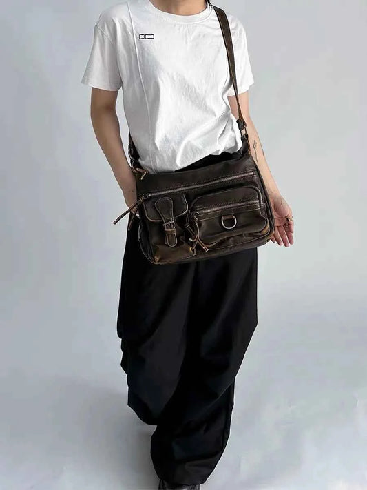 Vintage Multiple Pockets Women Shoulder Bags Luxury Washed Pu Leather Crossbody Bag Retro Motorcycle Bag Y2K Sac for Girls 2024