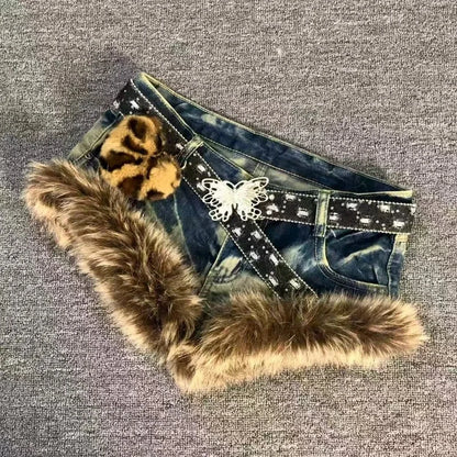 New American Y2k Retro Brown Hair Spliced shorts Trendy Old Hot Girl Low Waist Jeans Vintage Hip-hop Street Clothing Women SS69