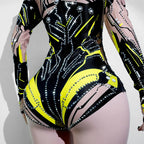 Women's Green Rhinestone Bodysuit High Elasticity Dance Outfit