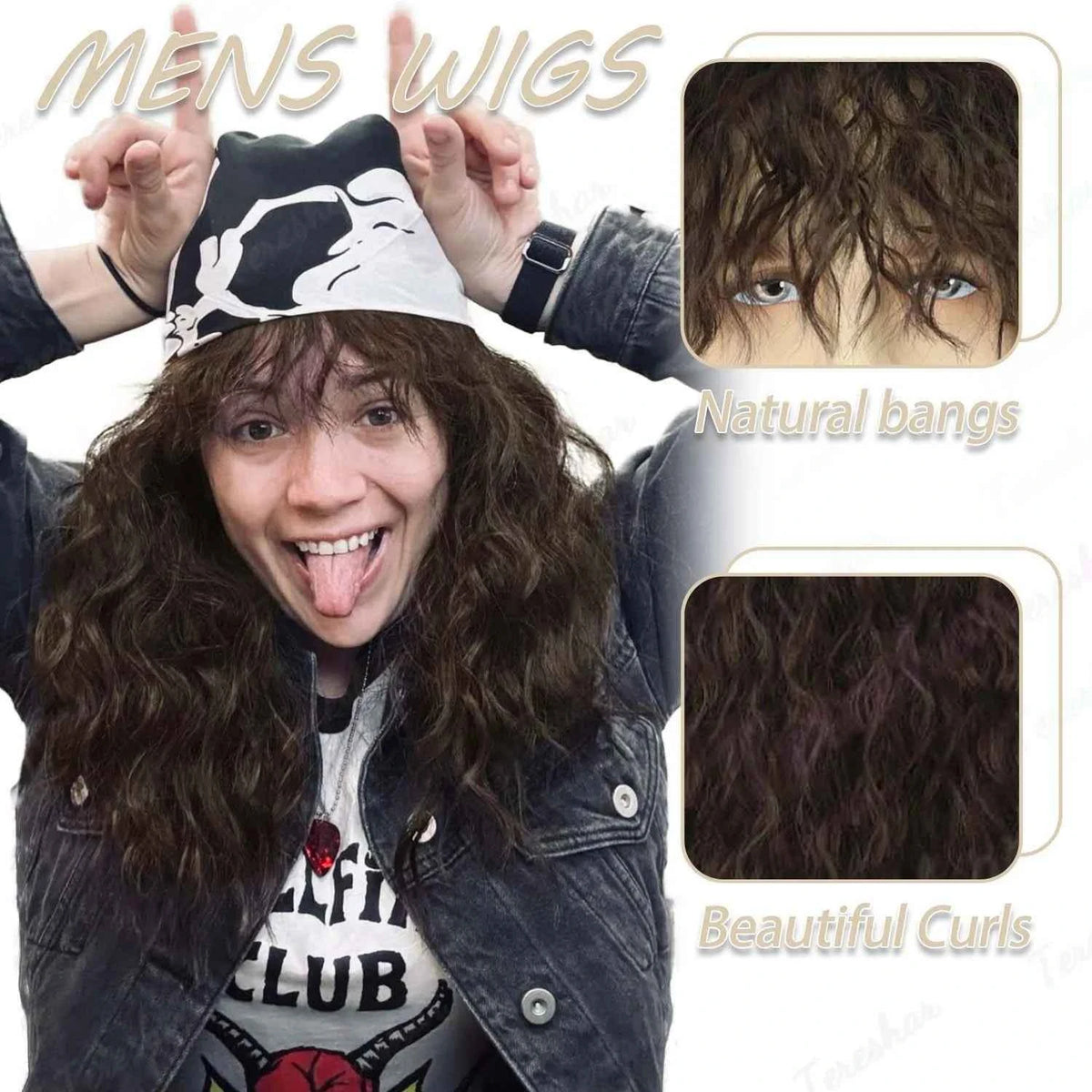 Synthetic Men’s 80s Brown Mullet Wigs Male Hair Punk Metal Rocker Wig,Eddie Costume Wig for Halloween Party Use,Multi-colore wig