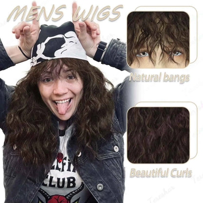 Synthetic Men’s 80s Brown Mullet Wigs Male Hair Punk Metal Rocker Wig,Eddie Costume Wig for Halloween Party Use,Multi-colore wig