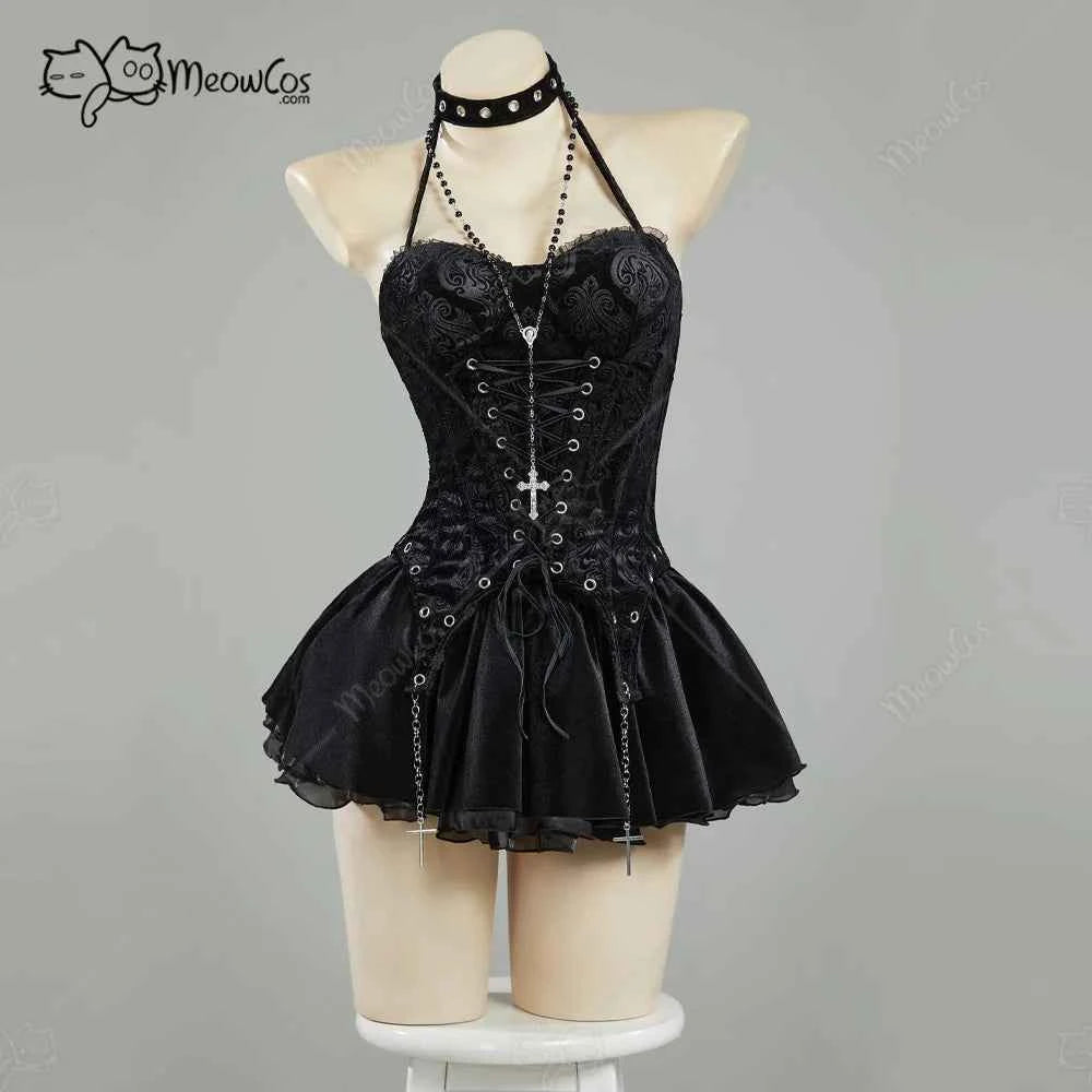 MEOWCOS Women's Misa Gothic Black Corset and Layered Skirt Set with Gloves