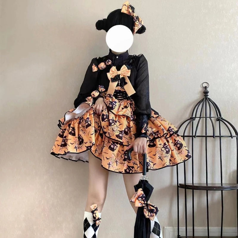 Victorian Sweet Black Pink Lolita Dress Women Kawaii Elegant Luxury Y2k Chic Retro Gothic Dresses Girls Witch Pattern Midi Dress SS69