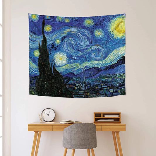 Starry Night Blacklight Tapestry by Van Gogh Wall Art for Bedroom Aesthetic, Abstract Wall Hanging UV Reactive Fabric Poster for