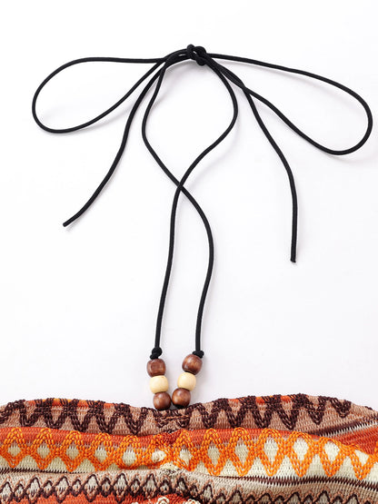 Geo Pattern Beaded Halter Crop Top, Vacation Style Backless Crop Top For Summer, Women's Clothing SS69