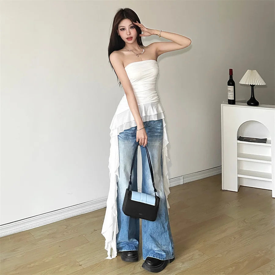 Nibber 2026 Spring New Solid Color Sweet Gentle Cute All-match High Street Travel Sexy Cool Women Chest Wrap ruched Tassel Vest