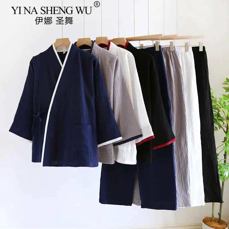 Japanese Style Spring and Autumn Thin Men's Kimono Hanfu Pure Cotton Gauze Pajamas Plus Size Home Steaming Suit
