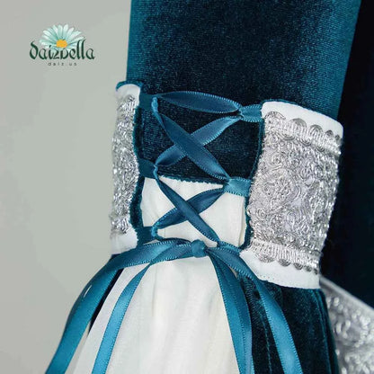 DAIZBELLA Women's Medieval Renaissance Costume Elf Style Off Shoulder Green Velvet Long Slim-fit Dress with Chiffon Sleeves