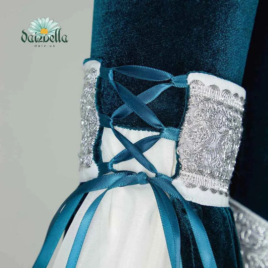 DAIZBELLA Women's Medieval Renaissance Costume Elf Style Off Shoulder Green Velvet Long Slim-fit Dress with Chiffon Sleeves