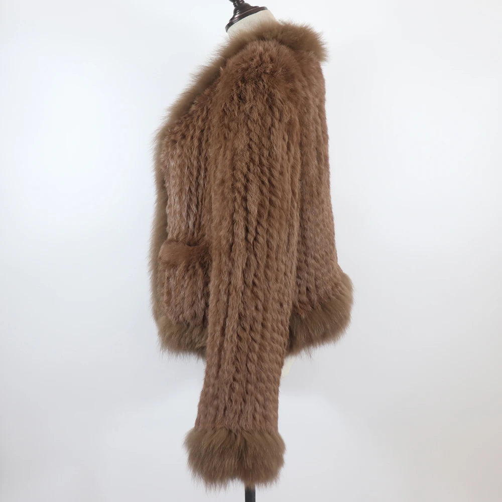 New Women Autumn Winter Knitted Real Rabbit Fur Coat 100% Natural Rabbit Fur Jacket With Fox Fur Collar Overcoat For Female