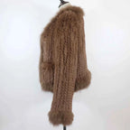 New Women Autumn Winter Knitted Real Rabbit Fur Coat 100% Natural Rabbit Fur Jacket With Fox Fur Collar Overcoat For Female