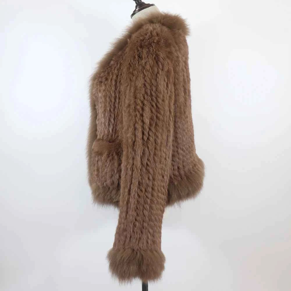 New Women Autumn Winter Knitted Real Rabbit Fur Coat 100% Natural Rabbit Fur Jacket With Fox Fur Collar Overcoat For Female