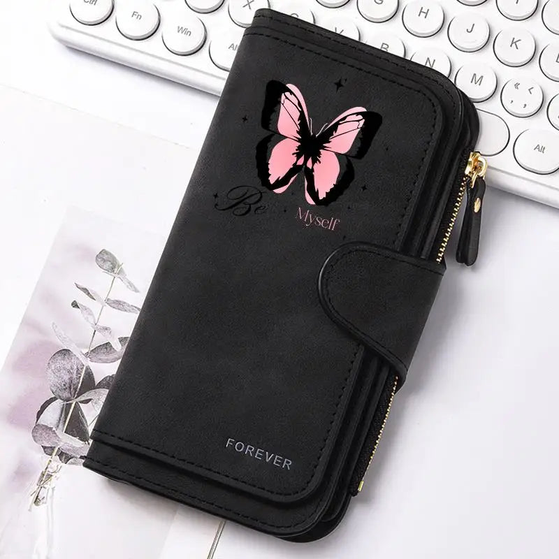 ZeAiLi Long PU Leather Clutch Wallet with Animal Paw and Butterfly Print