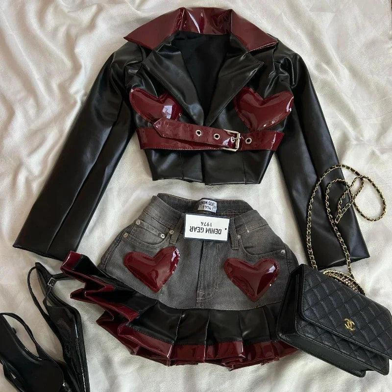 Fashion Trendy Leather Suit Twopiece Set Women Y2k Harajuku Gothic Heart Shaped Short Jacket Denim Splicing Sexy Miniskirt Suit SS69