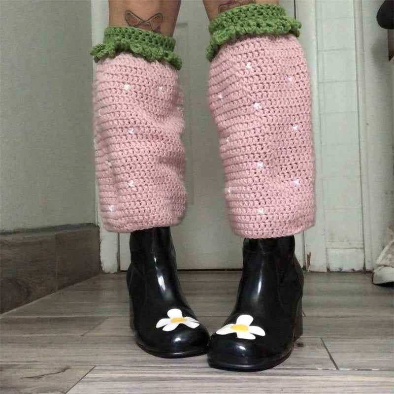 Women Knit Leg Warmers Contrast Color Knee High Socks Y2K Aesthetic Boot Cuffs Cover for Streetwear Kawaii Short Socks