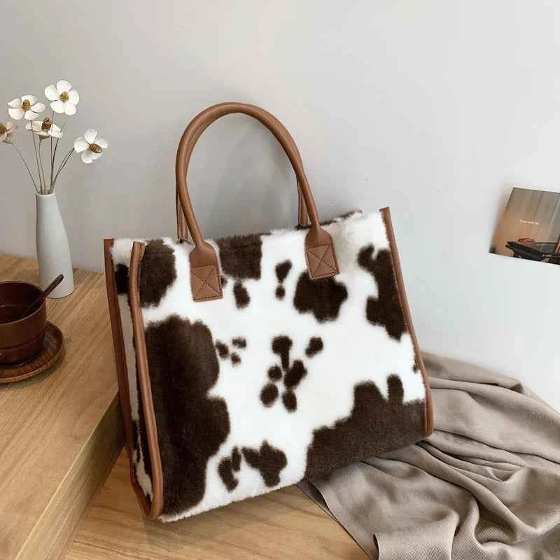 Winter Faux Fur ,Leopard Print Designer Shopper Totes, Fashion Soft Plush Women Shoulder Bags, Large Capacity Handbags and Purse