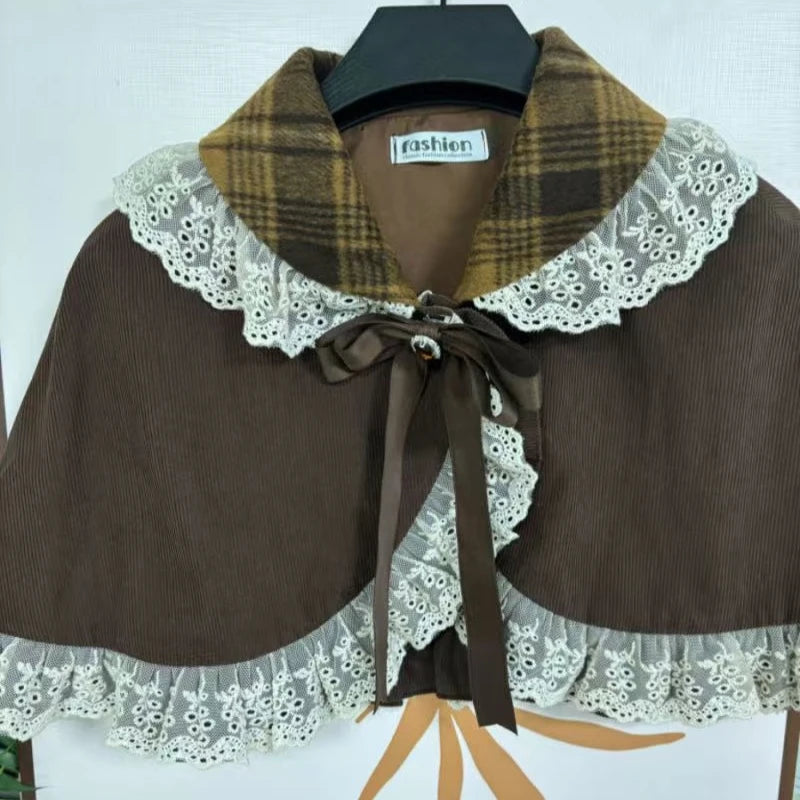 Autumn Winter Lolita Style 3 Piece Set Women Lace Bow Peter Pan Collar Cloak Coat Plaid Mini Dress Korean Fashion Y2k Sweet Suit