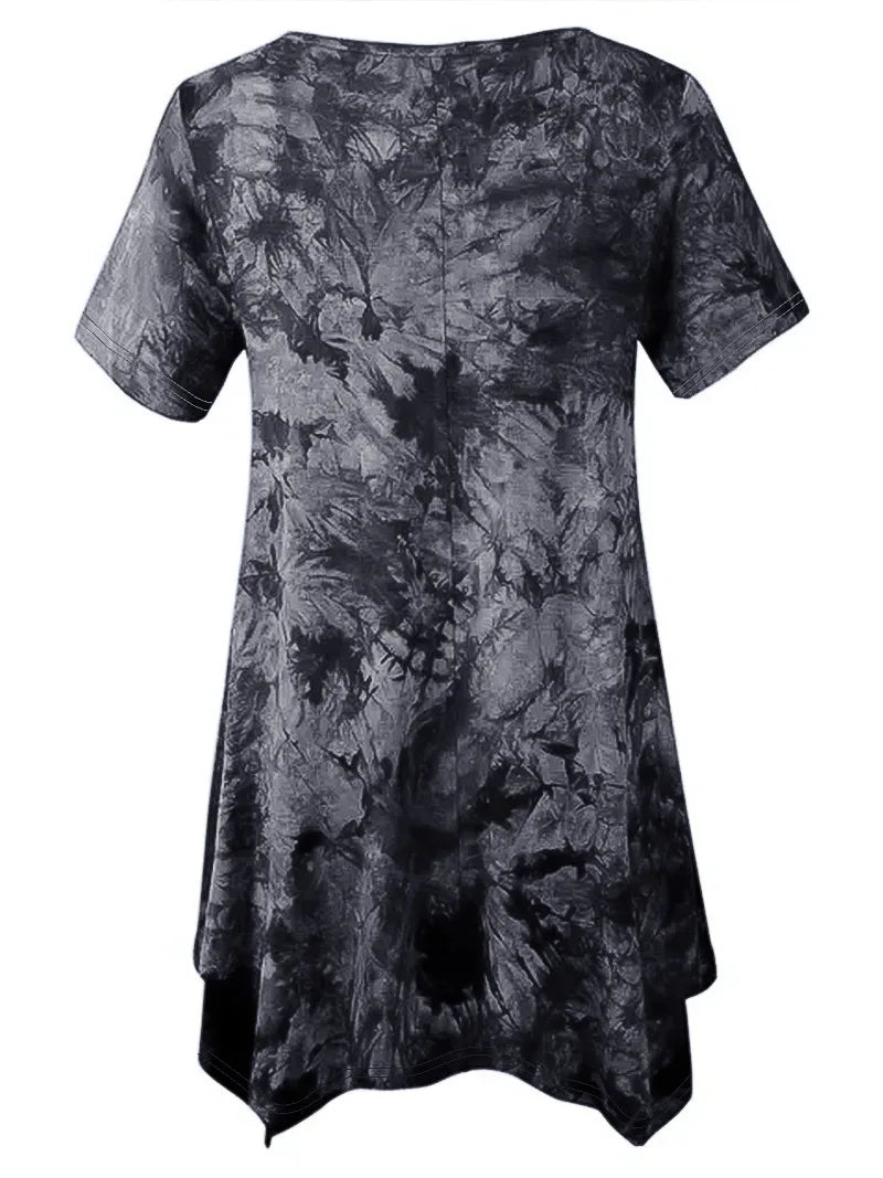 5XL Plus Size Woman Clothing Tie Dye Short Sleeve T-shirt Casual New Style V Neck Irregularity Tops Big Size Ladies Loose Tops - SS69 