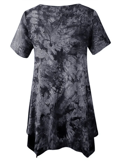5XL Plus Size Woman Clothing Tie Dye Short Sleeve T-shirt Casual New Style V Neck Irregularity Tops Big Size Ladies Loose Tops - SS69 