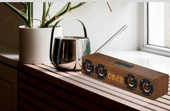 Rechargeable Wooden Alarm Clock with Bluetooth Soundbar Subwoofer Speaker and FM Radio for Home or E-sport Game Room Decoration