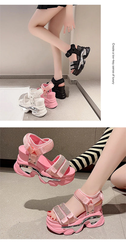 Summer High Platform Women Sandals Buckle 10CM Wedges Bling Shoes Fashion 2023 Outside Chunky Sandals Beach Casual Slides Woman SS69
