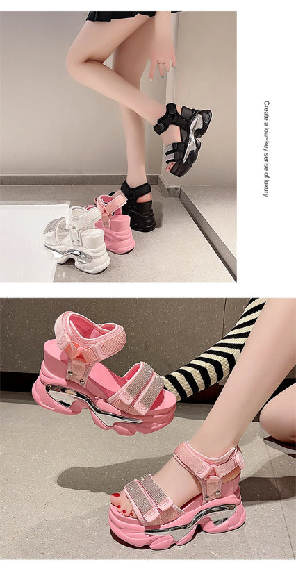 Summer High Platform Women Sandals Buckle 10CM Wedges Bling Shoes Fashion 2023 Outside Chunky Sandals Beach Casual Slides Woman SS69