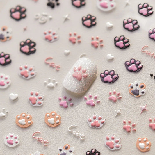 Cute Jelly Pink Cat Paw Print Nail Sticker Kawaii Pink Black Cat Claw 5D Embossed Self-Adhesive Nail Art Sticker Nail Art Decal SS69