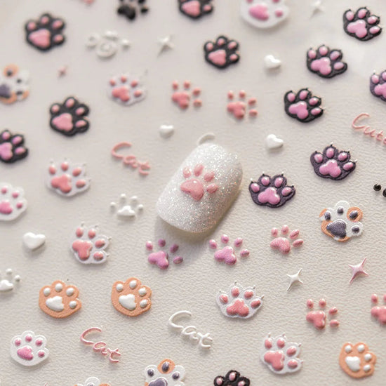 Cute Jelly Pink Cat Paw Print Nail Sticker Kawaii Pink Black Cat Claw 5D Embossed Self-Adhesive Nail Art Sticker Nail Art Decal SS69