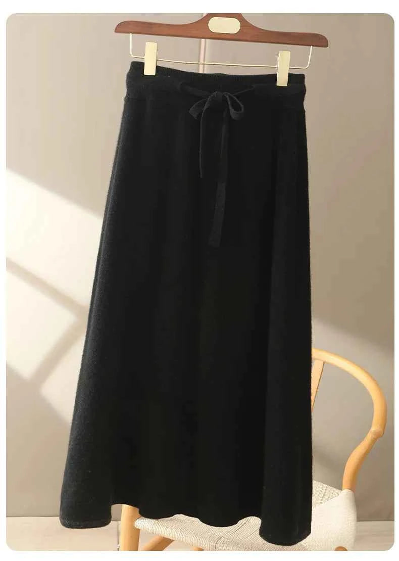 Autumn And Winter100% Pure Wool Skirt Women's Long Pocket Small A Skirt High Waist Slim Cashmere Knit A-Line Skirt