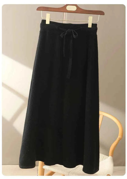 Autumn And Winter100% Pure Wool Skirt Women's Long Pocket Small A Skirt High Waist Slim Cashmere Knit A-Line Skirt