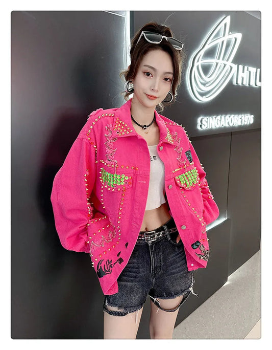 Women Graffiti Printed Rivets Denim Jacket Loose Holes Diamonds Jeans Coat Sequined Cowboy Ripped Streetwear Cardigan Ins Tops SS69