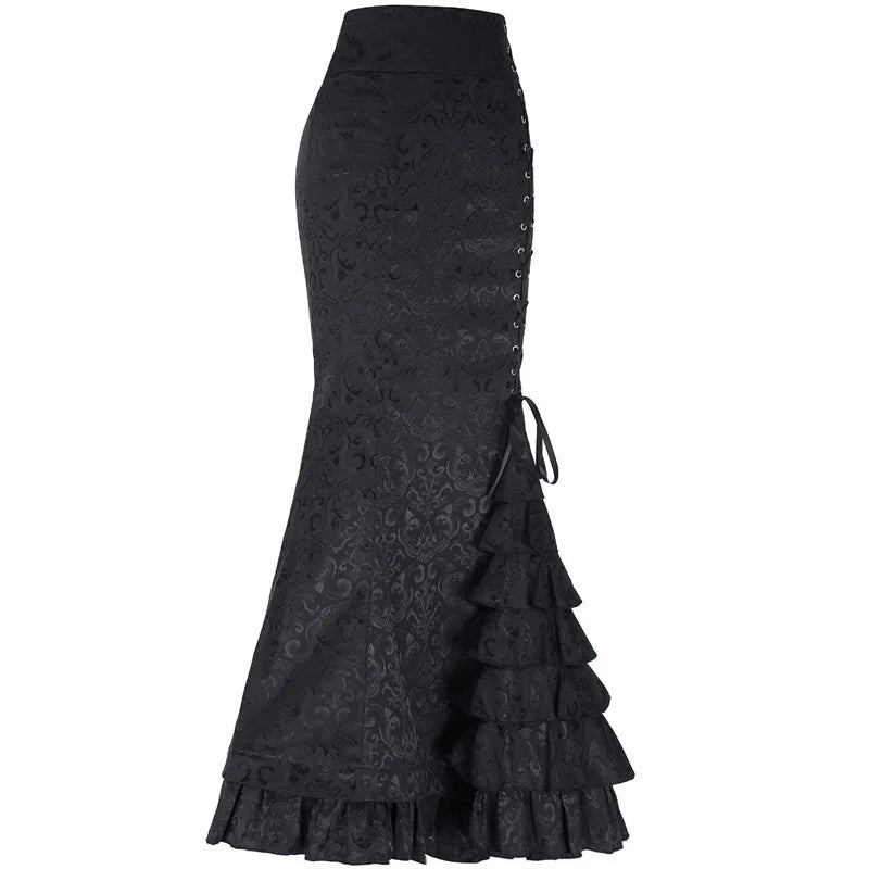 Gothic Fish Tail Skirt - High Waisted Lace-Up Trumpet Skirt
