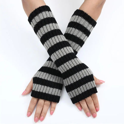 Lolita Striped Women's Knitted Fingerless Arm Sleeves Halloween Gothic Style Long Arm Warmers Girls Punk Striped Elbow Gloves SS69 12.69 light grey / One Size