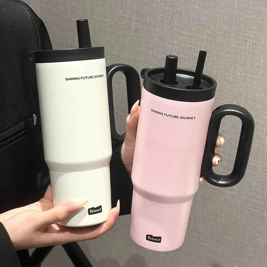 720ML Stainless Steel Thermos Cup with Straw & Handle Ice Coffee Drink Vacuum Insulated Cup Car Travel Outdoor Water Bottle